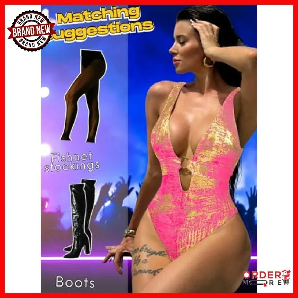 Metallic One Piece Swimsuit Plunge Cutout Open Back Festival Bodysuit